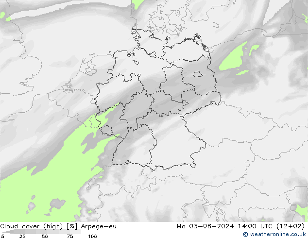 Cloud cover (high) Arpege-eu Mo 03.06.2024 14 UTC