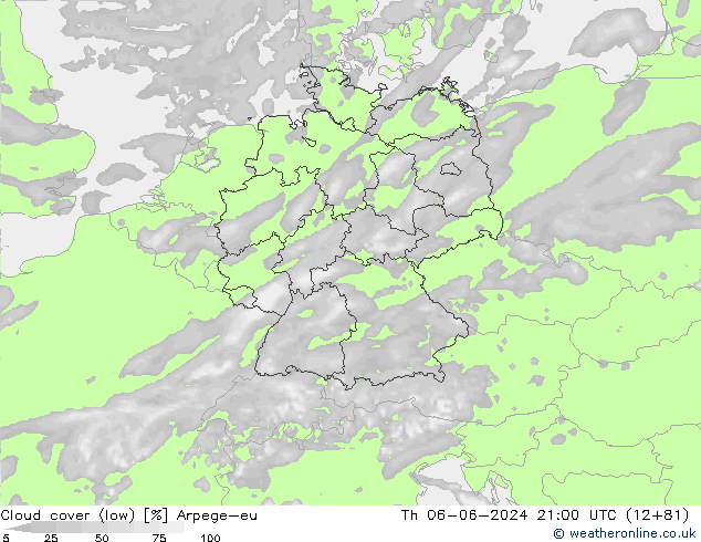 Cloud cover (low) Arpege-eu Th 06.06.2024 21 UTC