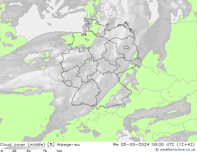 Cloud cover (middle) Arpege-eu We 05.06.2024 06 UTC