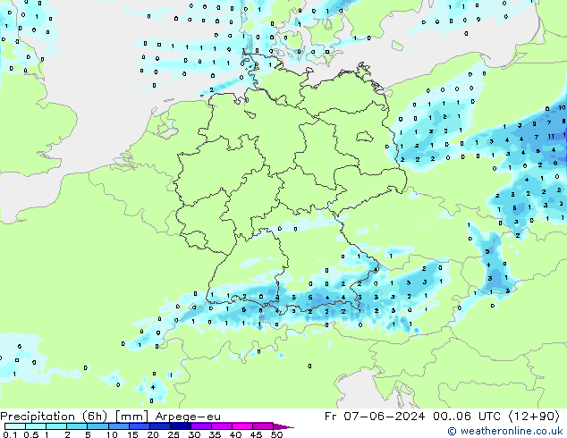 Precipitazione (6h) Arpege-eu ven 07.06.2024 06 UTC