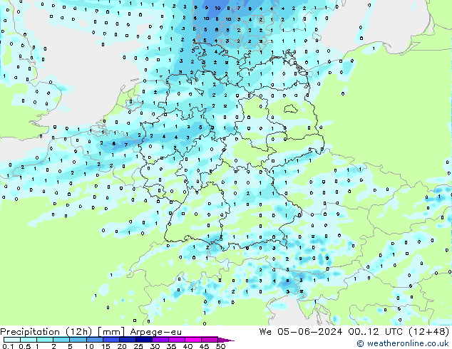 Totale neerslag (12h) Arpege-eu wo 05.06.2024 12 UTC