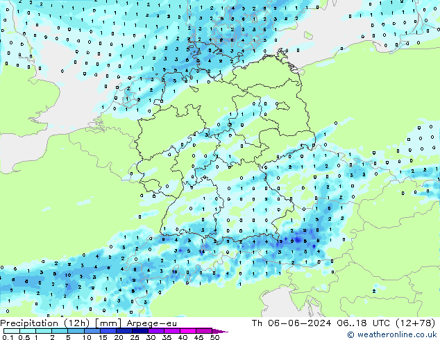 Precipitazione (12h) Arpege-eu gio 06.06.2024 18 UTC