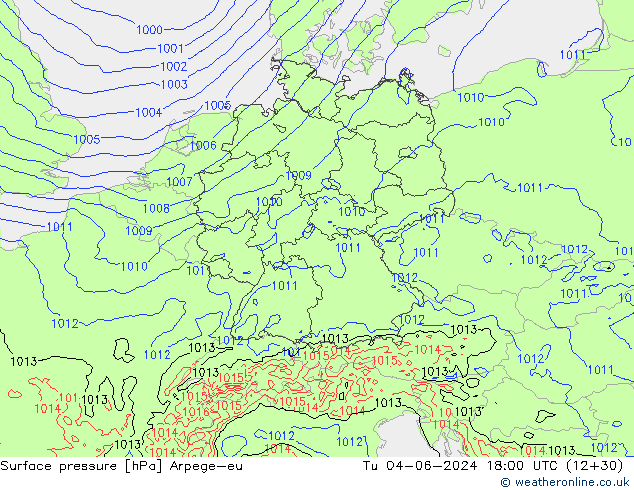 Surface pressure Arpege-eu Tu 04.06.2024 18 UTC