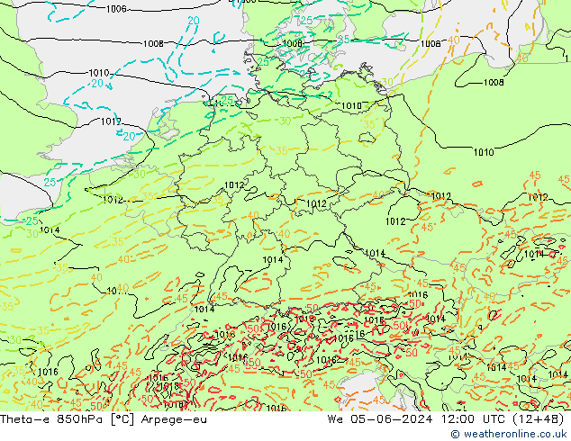 Theta-e 850hPa Arpege-eu We 05.06.2024 12 UTC