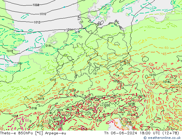 Theta-e 850hPa Arpege-eu czw. 06.06.2024 18 UTC