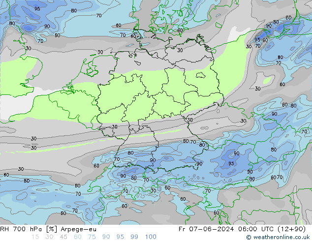 RH 700 hPa Arpege-eu ven 07.06.2024 06 UTC