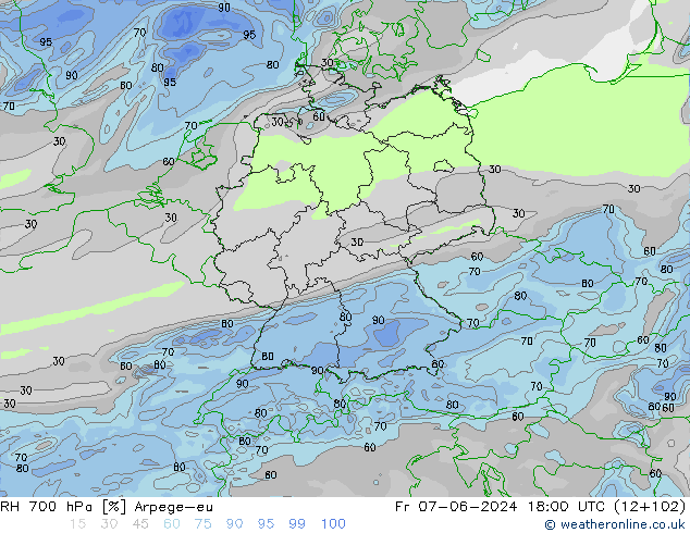 RH 700 hPa Arpege-eu  07.06.2024 18 UTC