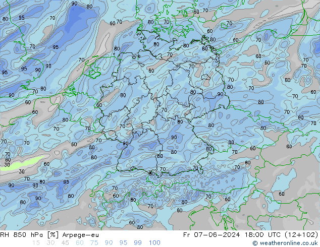 RH 850 hPa Arpege-eu Sex 07.06.2024 18 UTC