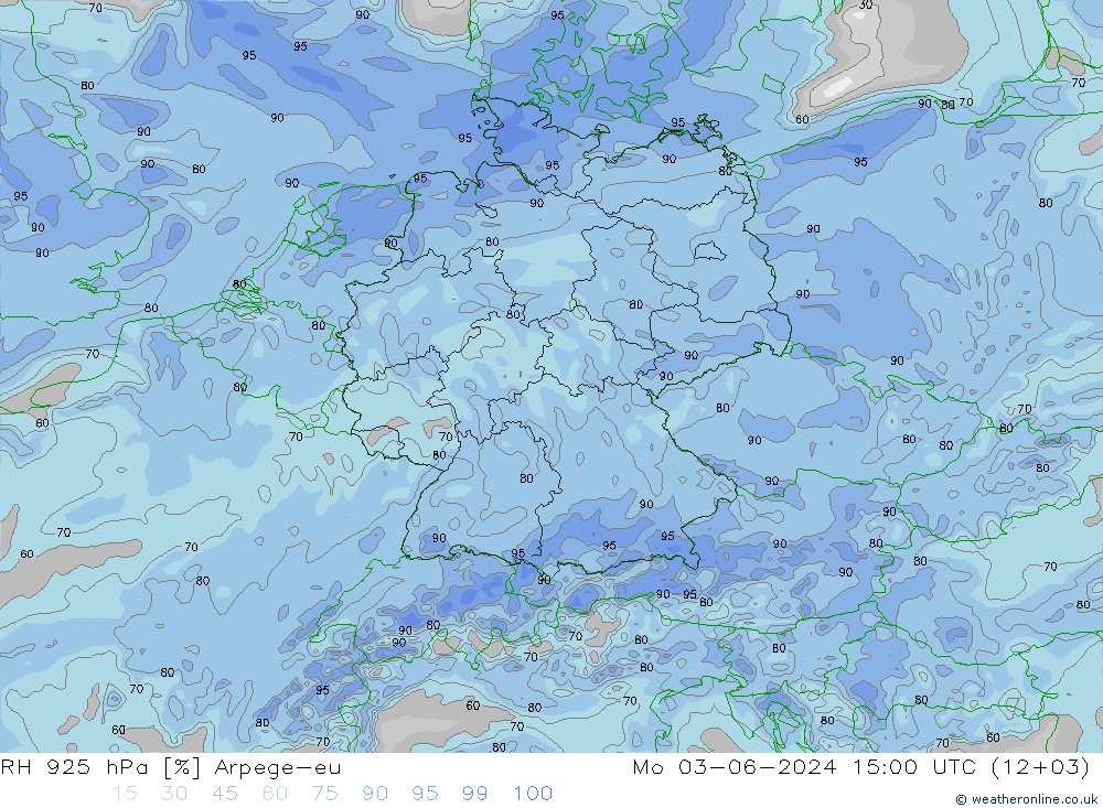 RH 925 hPa Arpege-eu 星期一 03.06.2024 15 UTC