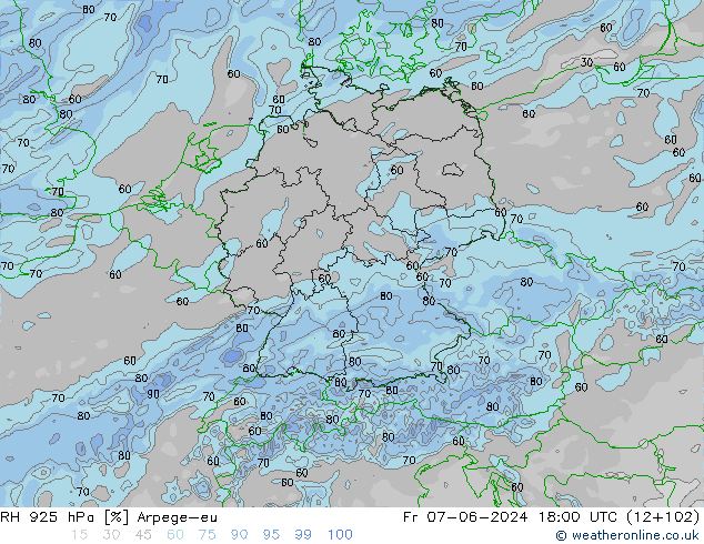 RH 925 гПа Arpege-eu пт 07.06.2024 18 UTC