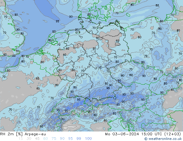 Humedad rel. 2m Arpege-eu lun 03.06.2024 15 UTC