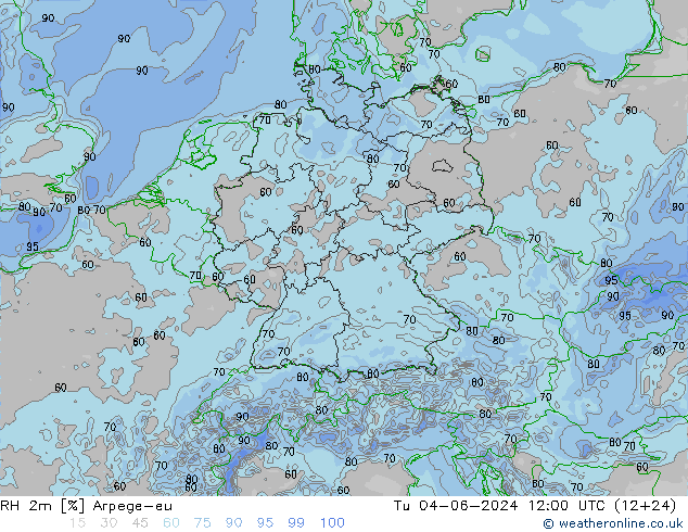 RH 2m Arpege-eu 星期二 04.06.2024 12 UTC