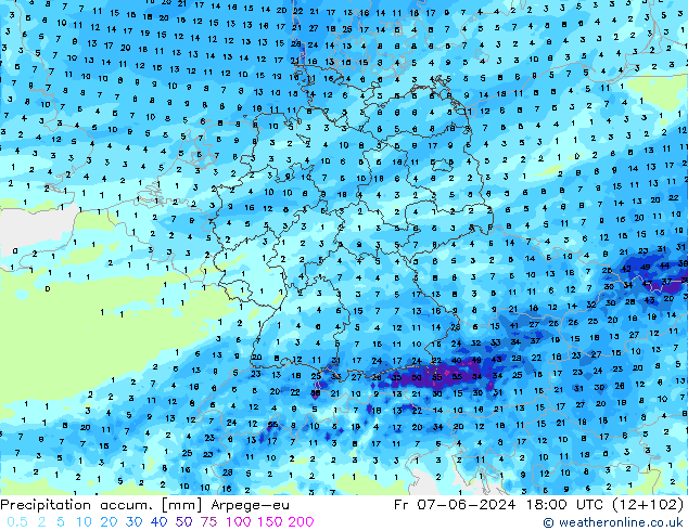 Precipitation accum. Arpege-eu  07.06.2024 18 UTC