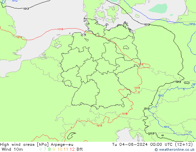 High wind areas Arpege-eu Út 04.06.2024 00 UTC