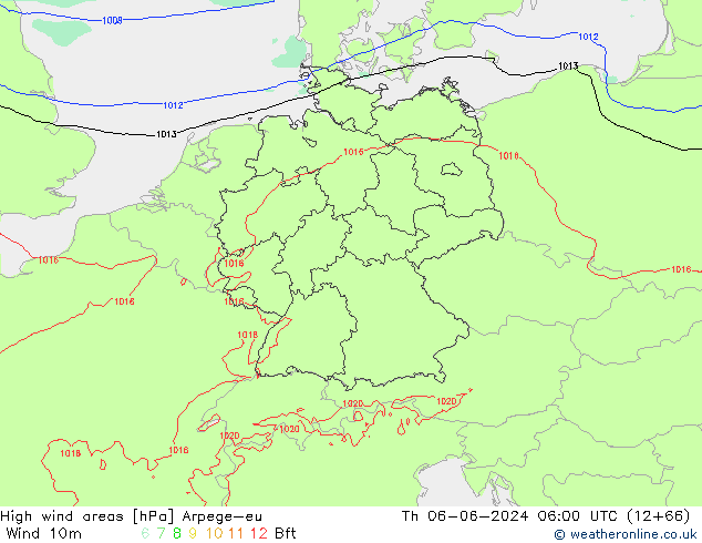 High wind areas Arpege-eu Th 06.06.2024 06 UTC