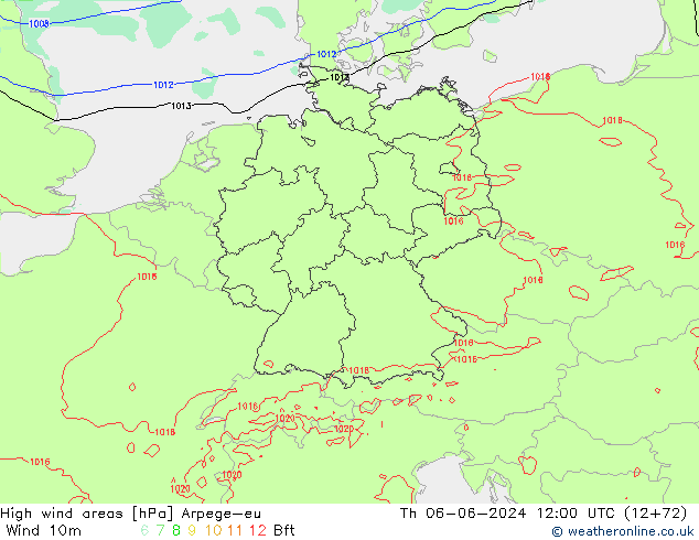 High wind areas Arpege-eu Čt 06.06.2024 12 UTC