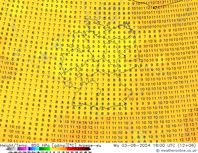 Height/Temp. 850 hPa Arpege-eu Mo 03.06.2024 18 UTC