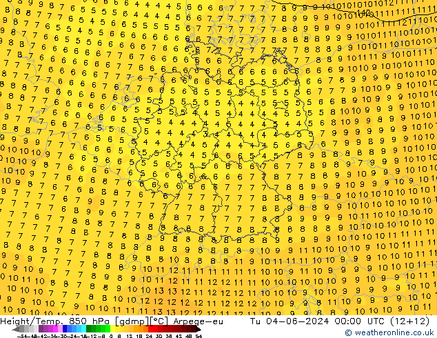 Yükseklik/Sıc. 850 hPa Arpege-eu Sa 04.06.2024 00 UTC