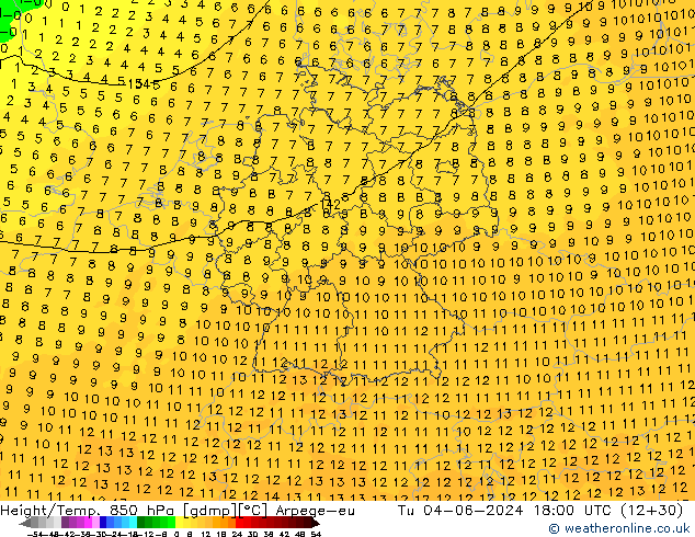 Height/Temp. 850 hPa Arpege-eu Tu 04.06.2024 18 UTC