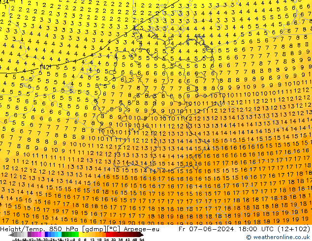 Géop./Temp. 850 hPa Arpege-eu ven 07.06.2024 18 UTC