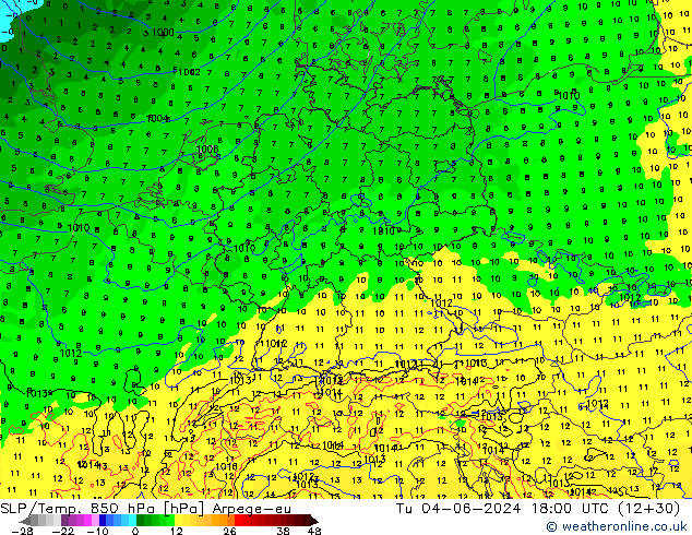 SLP/Temp. 850 hPa Arpege-eu Tu 04.06.2024 18 UTC