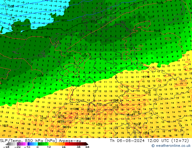 SLP/Temp. 850 hPa Arpege-eu gio 06.06.2024 12 UTC