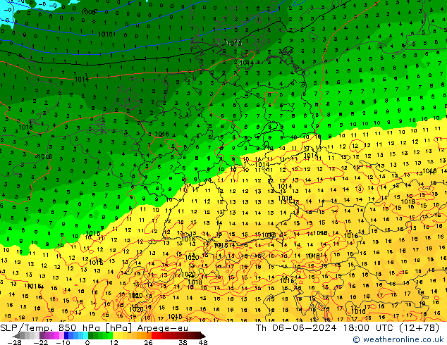 SLP/Temp. 850 hPa Arpege-eu Th 06.06.2024 18 UTC