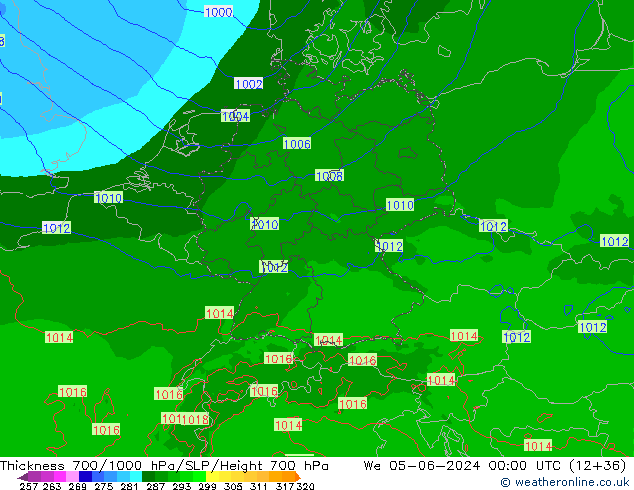 Espesor 700-1000 hPa Arpege-eu mié 05.06.2024 00 UTC