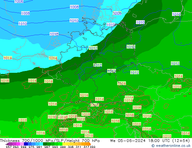 Thck 700-1000 hPa Arpege-eu  05.06.2024 18 UTC