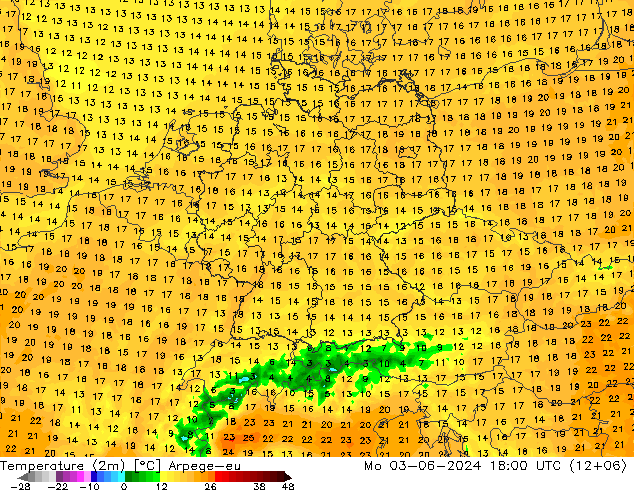 Temperatura (2m) Arpege-eu Seg 03.06.2024 18 UTC