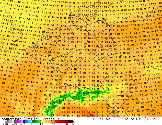 Temperaturkarte (2m) Arpege-eu Di 04.06.2024 18 UTC