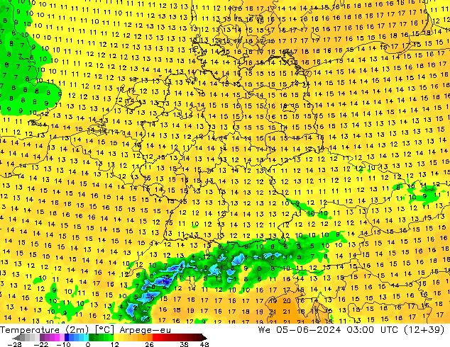 Temperatura (2m) Arpege-eu mié 05.06.2024 03 UTC