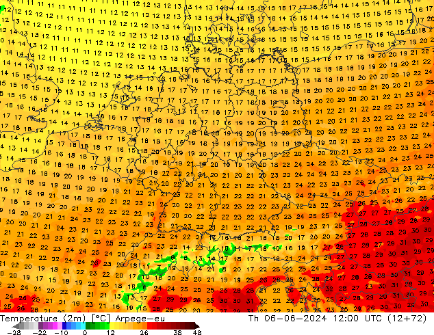 Temperature (2m) Arpege-eu Th 06.06.2024 12 UTC