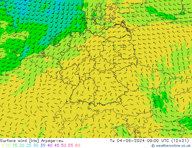 Vento 10 m Arpege-eu Ter 04.06.2024 09 UTC