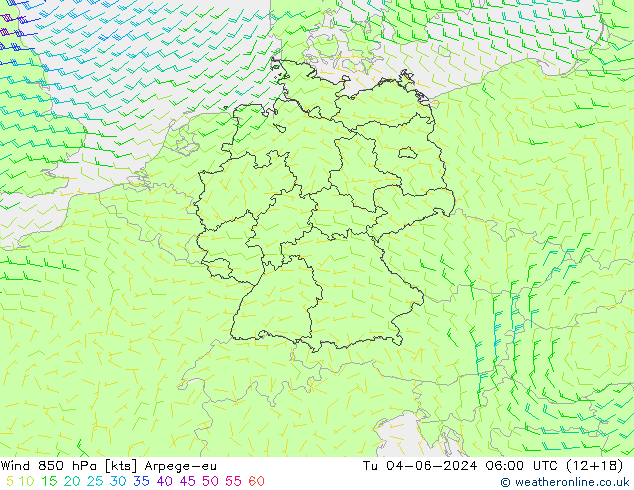 wiatr 850 hPa Arpege-eu wto. 04.06.2024 06 UTC