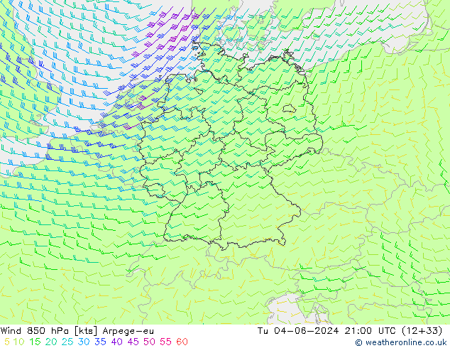 wiatr 850 hPa Arpege-eu wto. 04.06.2024 21 UTC