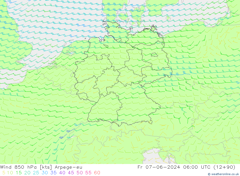 Wind 850 hPa Arpege-eu Fr 07.06.2024 06 UTC