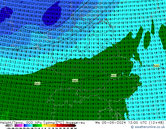 Height/Temp. 500 hPa Arpege-eu Mi 05.06.2024 12 UTC