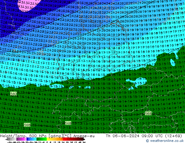 Height/Temp. 500 hPa Arpege-eu  06.06.2024 09 UTC