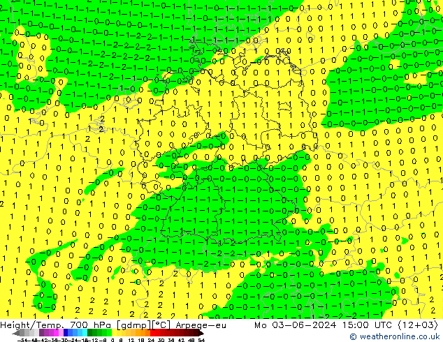 Height/Temp. 700 hPa Arpege-eu pon. 03.06.2024 15 UTC