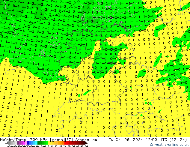 Height/Temp. 700 hPa Arpege-eu Tu 04.06.2024 12 UTC