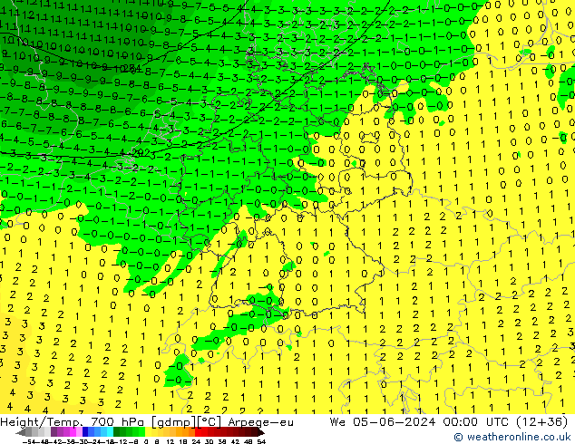 Height/Temp. 700 hPa Arpege-eu St 05.06.2024 00 UTC