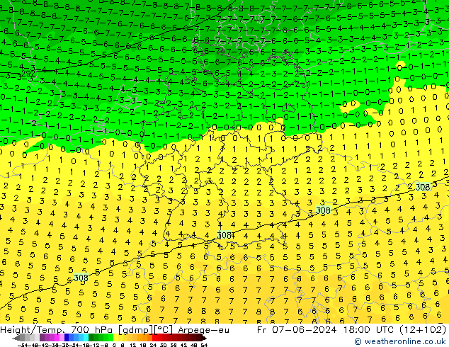 Height/Temp. 700 hPa Arpege-eu Fr 07.06.2024 18 UTC