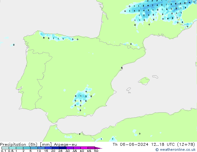 Precipitation (6h) Arpege-eu Čt 06.06.2024 18 UTC