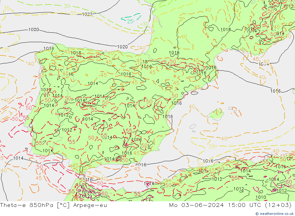 Theta-e 850hPa Arpege-eu Mo 03.06.2024 15 UTC