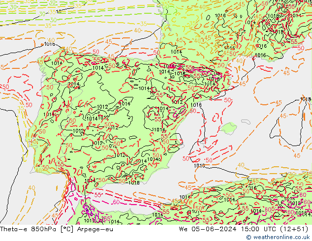 Theta-e 850гПа Arpege-eu ср 05.06.2024 15 UTC