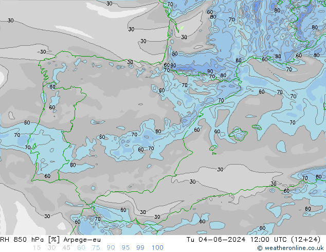 RH 850 hPa Arpege-eu Tu 04.06.2024 12 UTC