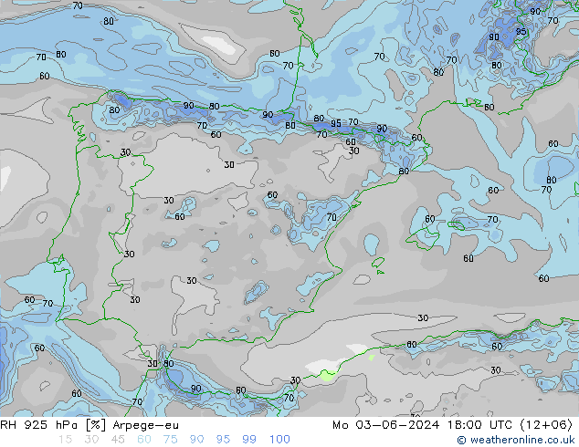 Humidité rel. 925 hPa Arpege-eu lun 03.06.2024 18 UTC