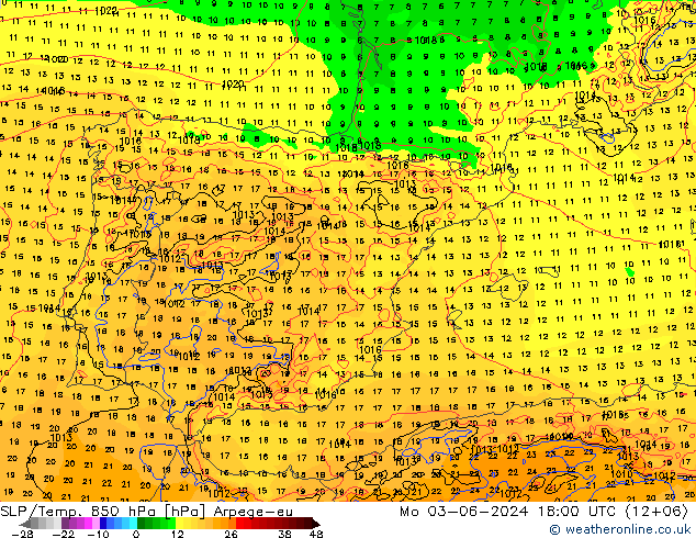 SLP/Temp. 850 hPa Arpege-eu Po 03.06.2024 18 UTC