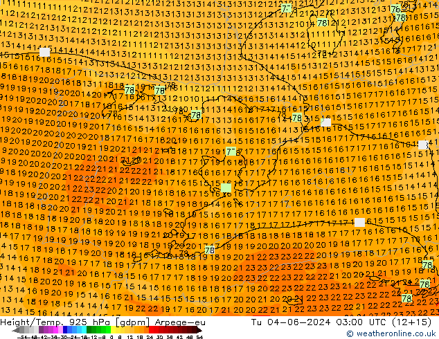 Height/Temp. 925 hPa Arpege-eu Tu 04.06.2024 03 UTC